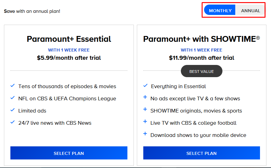 Paramount Plus Packages